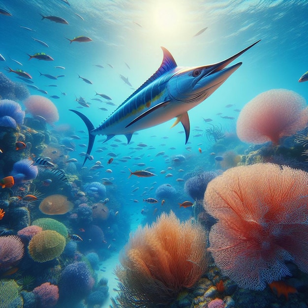 PSD hiperrealistyczna aminowa ryba niebieski marlin pływający w oceanie tapeta tło morze na wybrzeżu