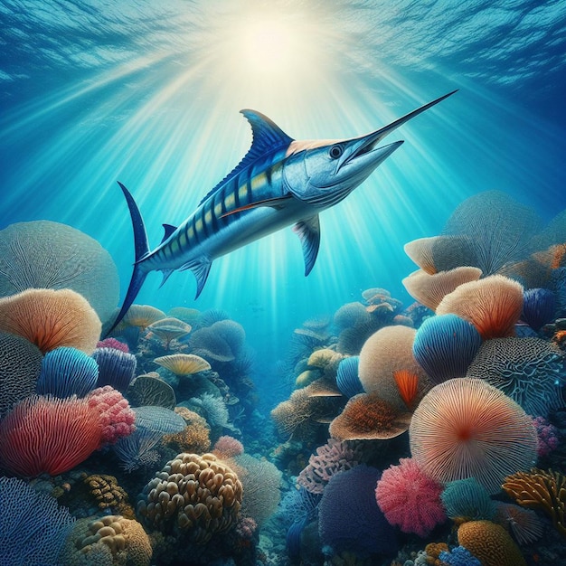 PSD hiperrealistyczna aminowa ryba niebieski marlin pływający w oceanie tapeta tło morze na wybrzeżu