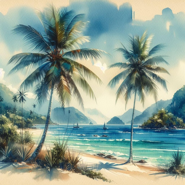 PSD hiperrealistyczna ilustracja sztuki wektorowej karibska palma kokosowa plaża zachód słońca poster tło