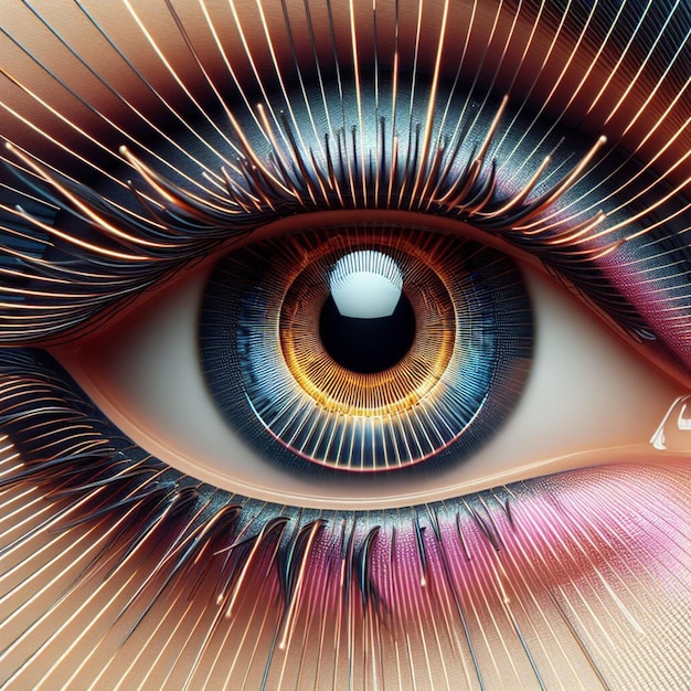 PSD hiperrealistyczna kobieca tęczówka oko makro twarz skóra kolorowa jasna lśniąca ilustracja