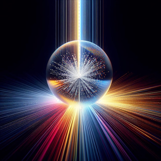 PSD hiperrealistyczna szklana sfera odzwierciedlająca spektrum światła kolorowego wiązki światła tło