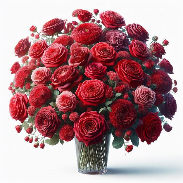 PSD hiperrealistyczna sztuka wektorowa bukiet na walentynki czerwone róże kwiaty waza izolowane białe tło