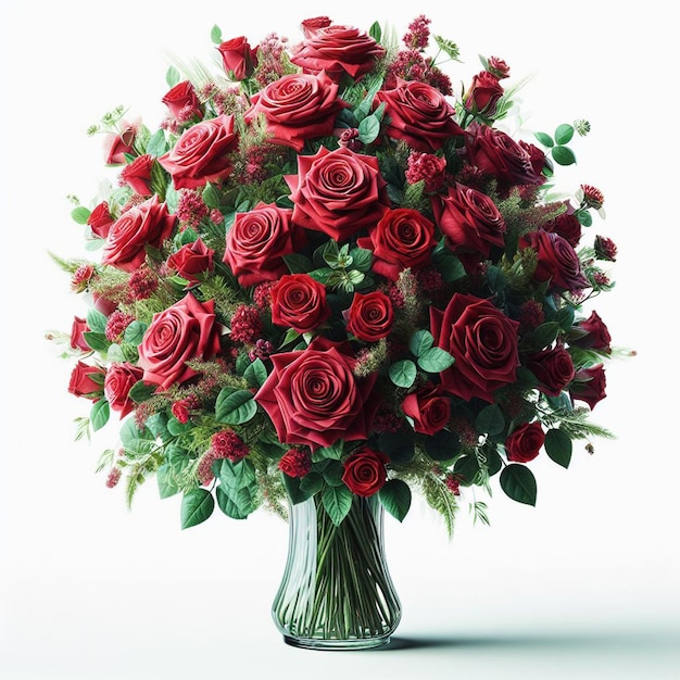 PSD hiperrealistyczna sztuka wektorowa bukiet na walentynki czerwone róże kwiaty waza izolowane białe tło