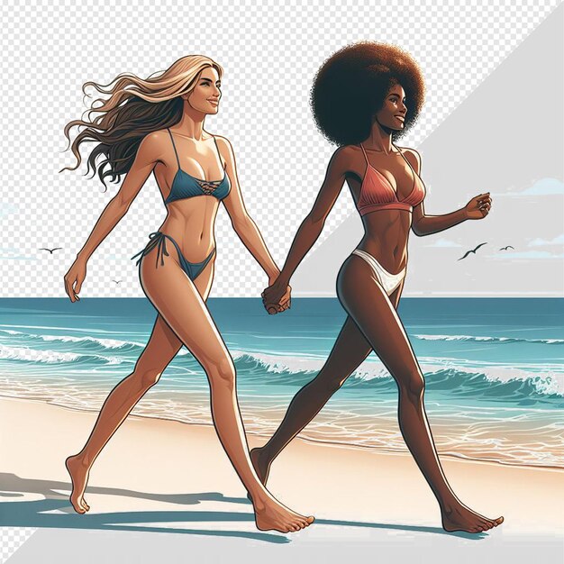 PSD hiperrealistyczna sztuka wektorowa ilustracja kobiecej różnorodności siostrzeństwa przyjaźni plaża zachód słońca ocean