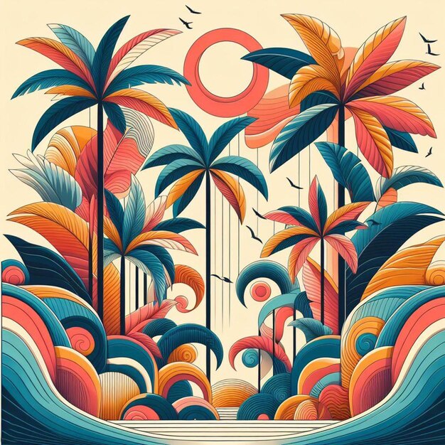 PSD hiperrealistyczna sztuka wektorowa ilustracja tropikalna palm karibska kokosowa palma drzewo plaża poster zachodu słońca
