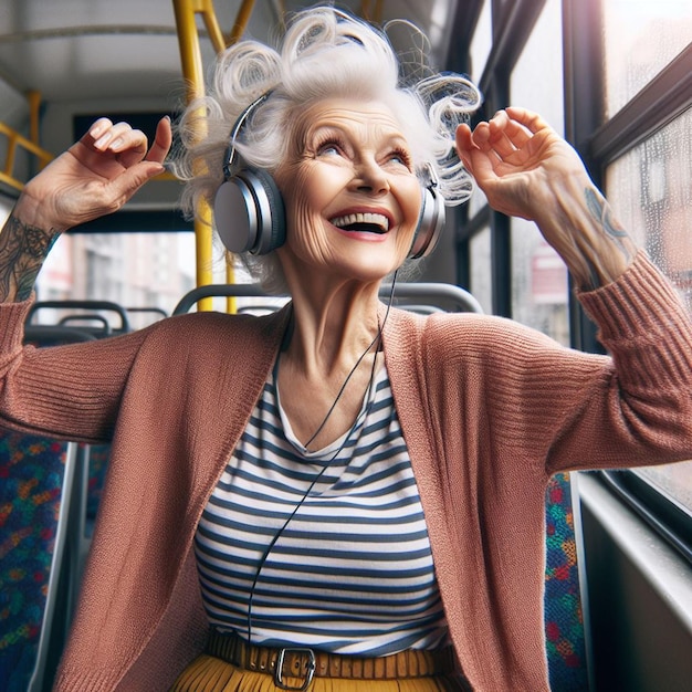 PSD hiperrealistyczna sztuka wektorowa kolorowy, szczęśliwy, śmiejący się babcia, słuchający muzyki, taniec w autobusie, tatuaż