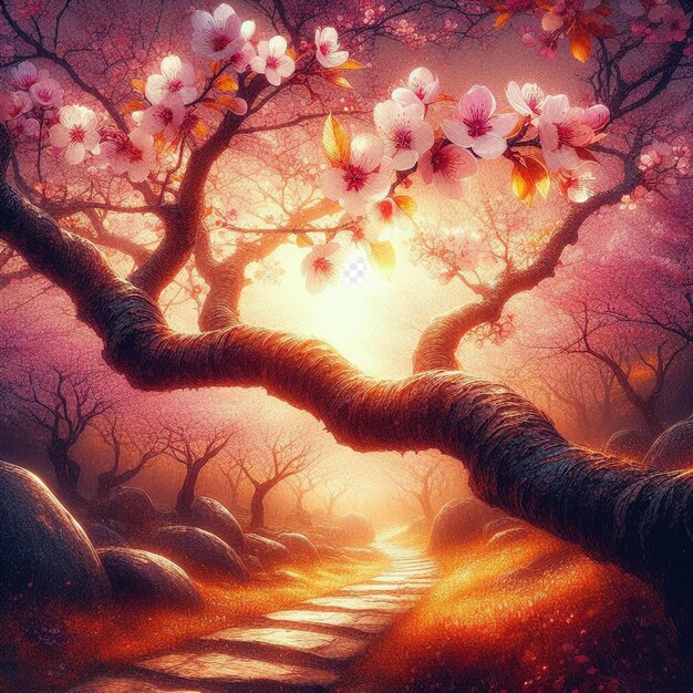 Hiperrealistyczny Obraz Kolorowa Wiosna Sakura Kwiat Wiśni Festiwal Poranna Rosy Zachód Słońca Hanami Widok