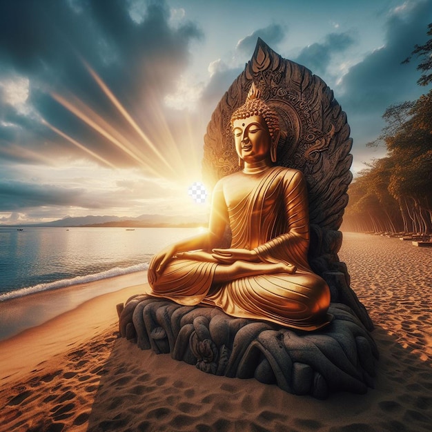 PSD hiperrealistyczny portret majestatyczny kolorowy święty złoty posąg buddy na plaży