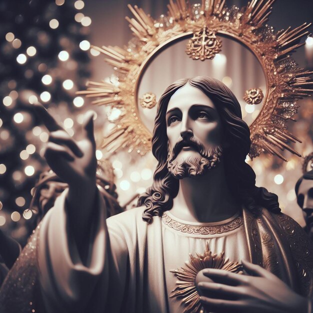 PSD hiperrealistyczny portret świętego, świętego, ukochanego jezusa, posąg i twarz z żywymi światłami tła.