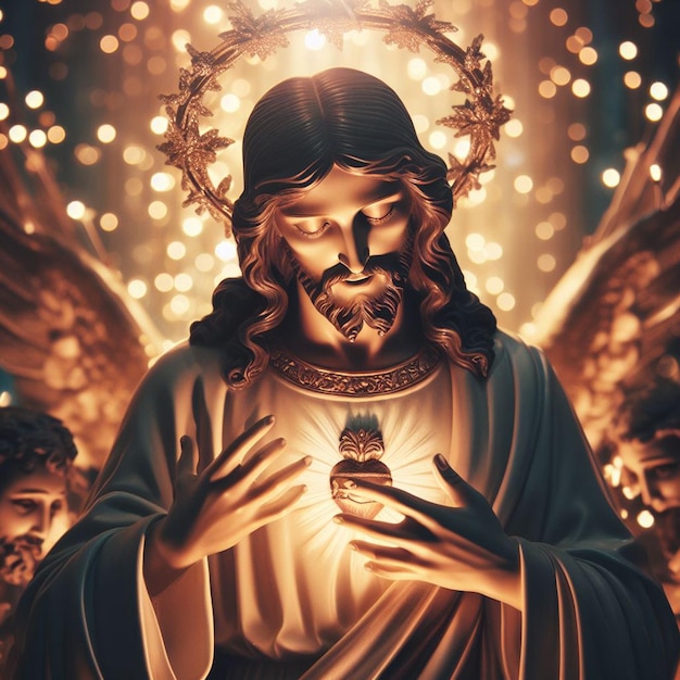 Hiperrealistyczny portret świętego, świętego, ukochanego Jezusa, posąg i twarz z żywymi światłami tła.