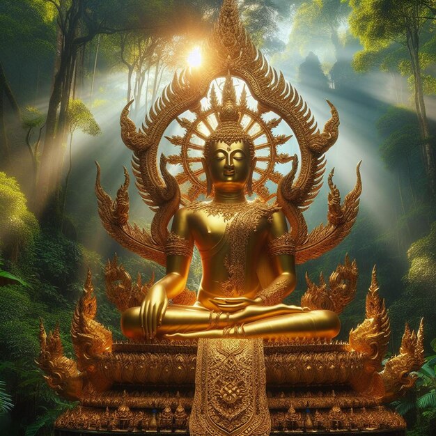 PSD hiperrealistyczny portret świętej, świętej, złotej rzeźby buddy na tle tętniącej życiem dżungli.