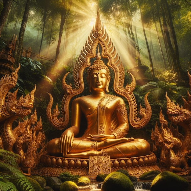 PSD hiperrealistyczny portret świętej złotej rzeźby buddy na tle tętniącej życiem dżungli