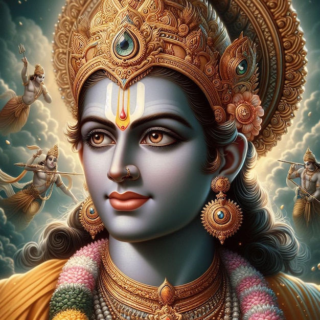 Hiperrealistyczny święty święty Złoty Hinduski Pan Rama Navami Religijne święto Hinduizm Portret