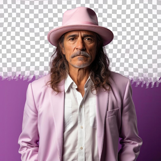 PSD hipster hispanic nail tech in stijlvolle pose tegen een pastel lavendel achtergrond