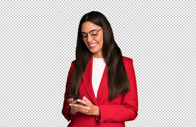 Hispanic pretty young adult and expressive businesswoman using a telephone