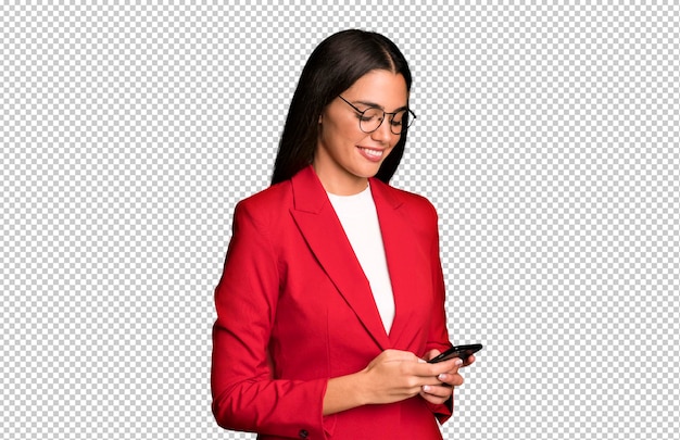 Hispanic pretty young adult and expressive businesswoman using a telephone