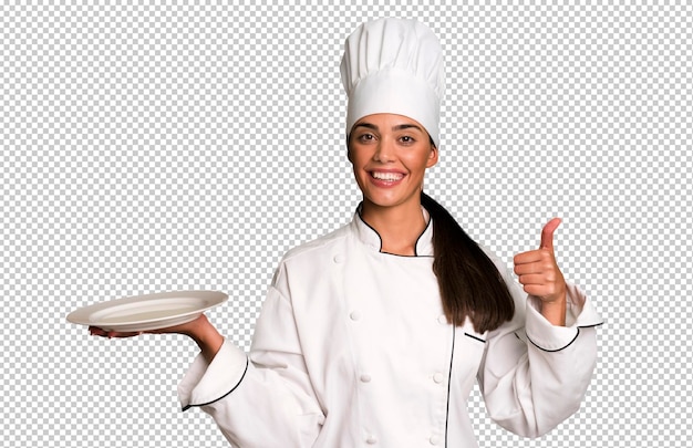 Hispanic pretty young adult and expressive woman chef concept and an empty clean dish