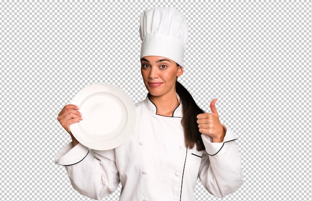 Hispanic pretty young adult and expressive woman chef concept and an empty clean dish