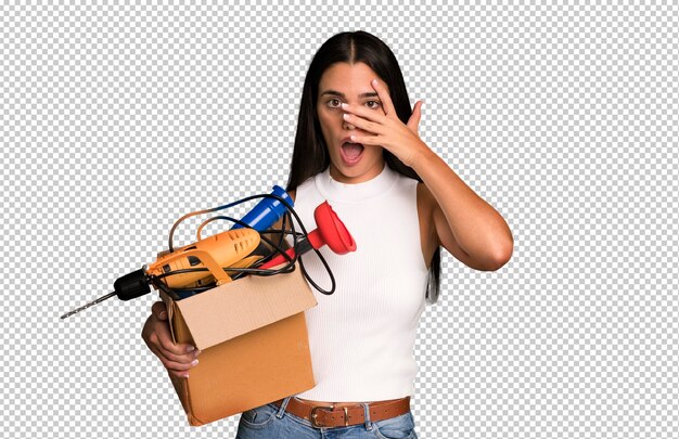 PSD hispanic pretty young adult and expressive woman housekeeper and toolbox concept