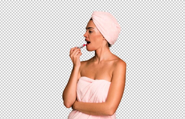 PSD hispanic pretty young adult and expressive woman wearing bathrobe beauty and make up concept