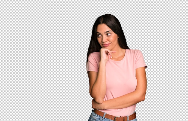 PSD hispanic pretty young adult and expressive woman with a copy space to the side