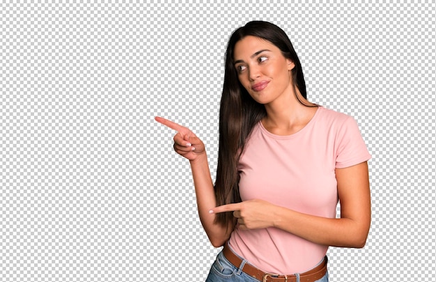 PSD hispanic pretty young adult and expressive woman with a copy space to the side