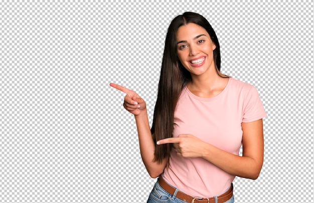 PSD hispanic pretty young adult and expressive woman with a copy space to the side