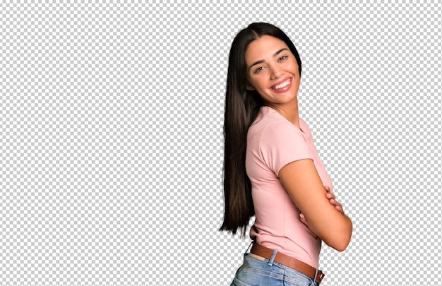 PSD hispanic pretty young adult and expressive woman with a copy space to the side