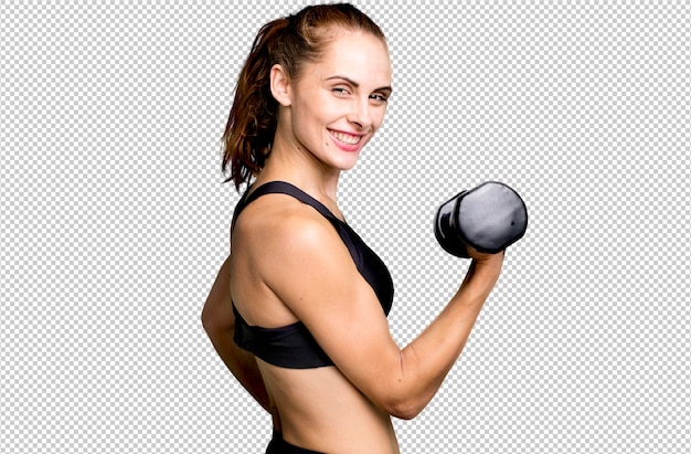 PSD hispanic pretty young woman lifting a dumbbell fitness concept