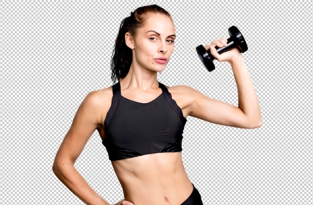 PSD hispanic pretty young woman lifting a dumbbell fitness concept