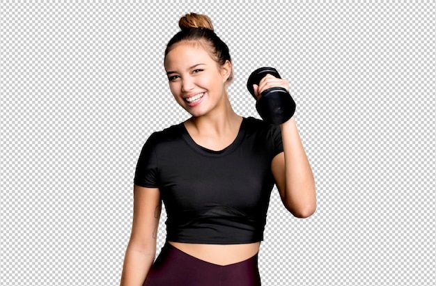 PSD hispanic pretty young woman lifting a dumbbell fitness concept