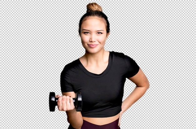 PSD hispanic pretty young woman lifting a dumbbell fitness concept