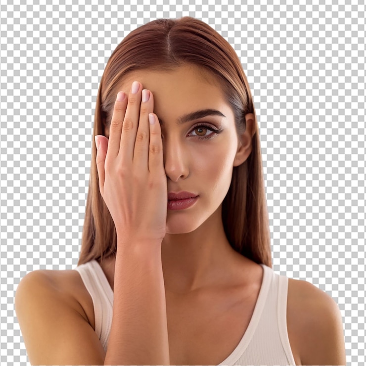 PSD 透明な背景で顔の半分を覆う楽しみをしているヒスパニックの若い女性