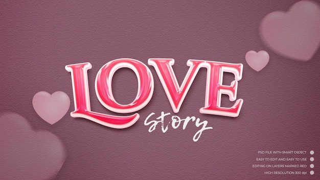 PSD historia miłosna z różowym motywem w edytowalnym stylu tekstu z efektem tekstowym 3d