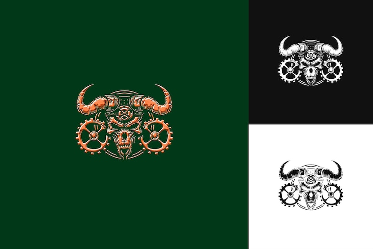 PSD historic battering ram logo with head and wheels for decorat abstract vector design collections