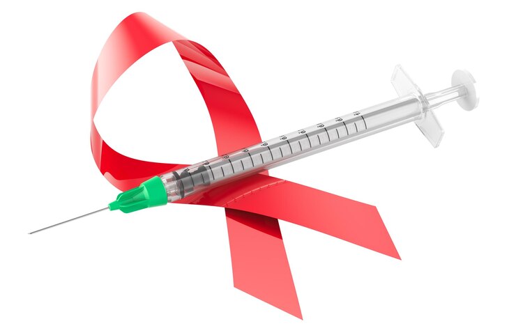PSD hiv aids awareness red ribbon with syringe 3d rendering isolated on transparent background