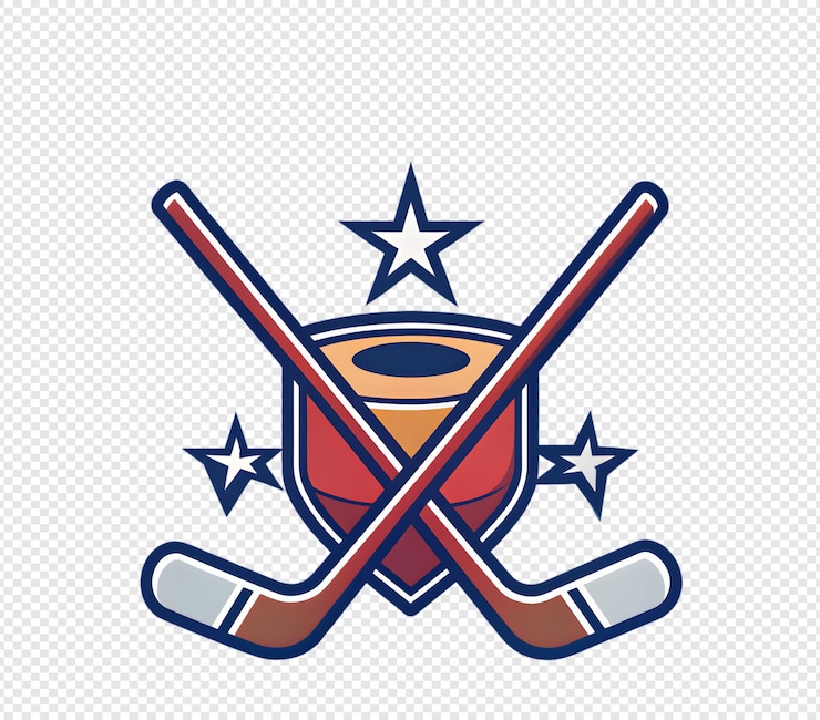 PSD hockey emblem with crossed sticks shield and stars design