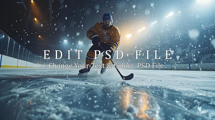 Hockeyspeler schaatst door een sneeuwige nacht