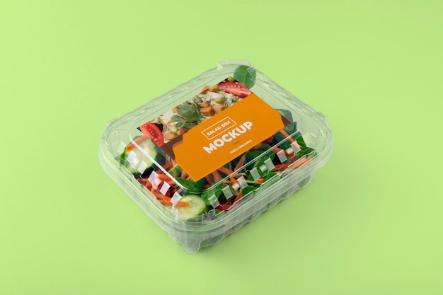 PSD hoge hoek gezonde saladebox op groene achtergrond