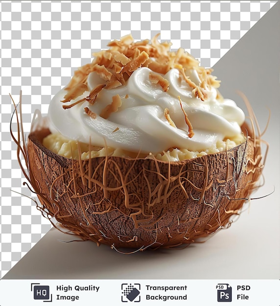 Hoge kwaliteit doorzichtige psd zijdeachtige kokosnoot crème pie in een kokosnoten schil
