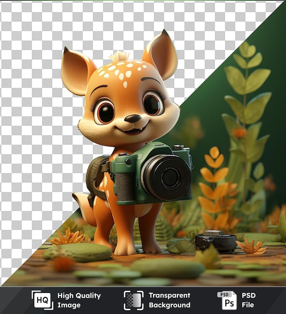 PSD hoge kwaliteit transparante psd 3d wildlife fotograaf cartoon het vastleggen van zeldzame dieren opnames met een groene camera omringd door levendige bloemen en een speelgoed