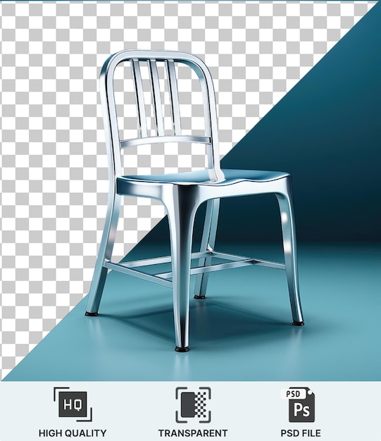 Hoge kwaliteit transparante psd een metalen stoel met een zilveren en metalen arm tegen een blauwe muur die een blauwe schaduw werpt