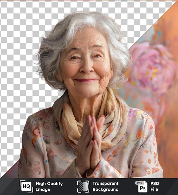 Hoge kwaliteit transparante psd een portret van een glimlachende oudere dame die praat met haar grijze haar grote neus en bruine en blauwe ogen met een hand zichtbaar op de voorgrond