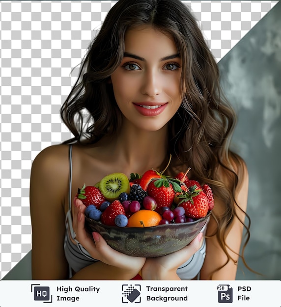PSD hoge kwaliteit transparante psd gezonde eten schaal van vers fruit aantrekkelijk en jonge vrouw met vers fruit in de schaal