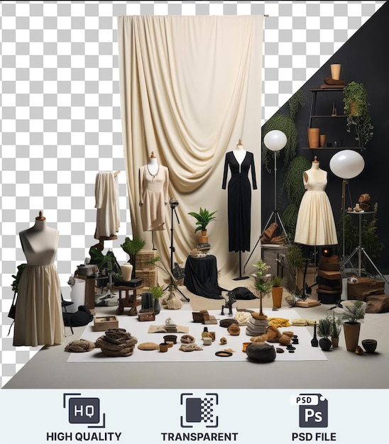 Hoge kwaliteit transparante psd high fashion fotografie studio opgezet met een witte jurk zwarte jurk en bruine pot op een transparante achtergrond tegen een zwarte muur
