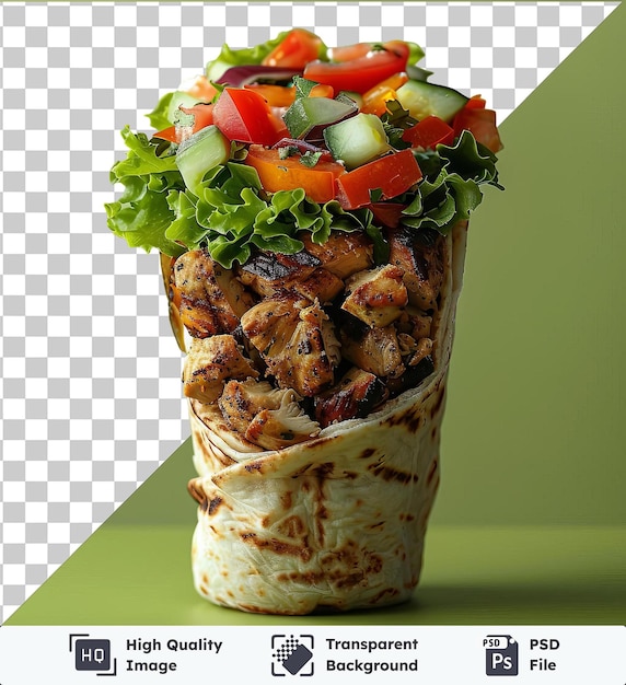 PSD hoge kwaliteit transparante psd kip shawarma wrap bedekt met gesneden komkommer en geserveerd op een groene tafel tegen een groene muur met een donkere schaduw op de achtergrond