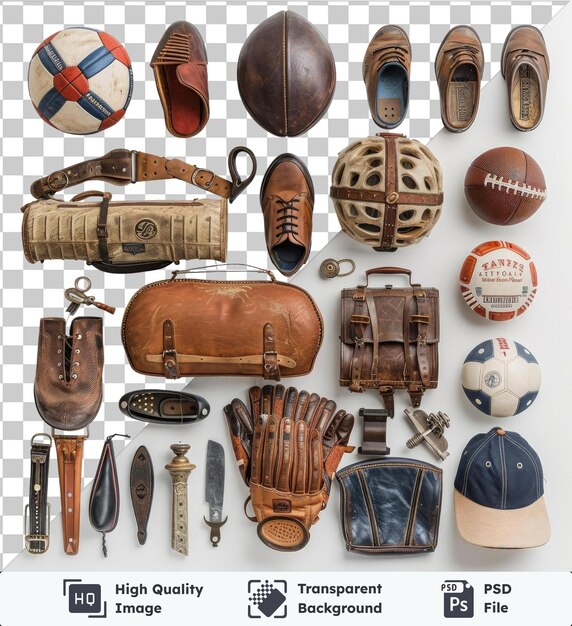 PSD hoge kwaliteit transparante psd professionele sport memorabilia collectie set met een bruine honkbal handschoen witte bal en bruine schoen