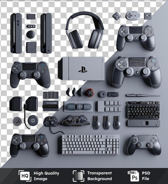 PSD hoge kwaliteit transparante psd professionele video game streaming setup set met een zwart toetsenbord grijs en zwarte koptelefoon en een zilveren en grijs afstandsbediening