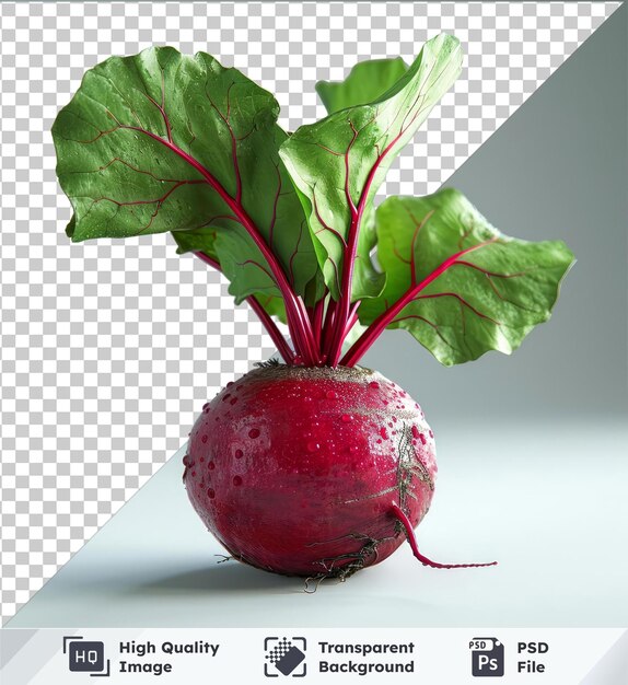 Hoge kwaliteit transparante psd verse rode beet png clipart met groene bladeren en een donkere schaduw