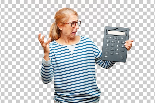 PSD hogere mooie vrouw met een calculator